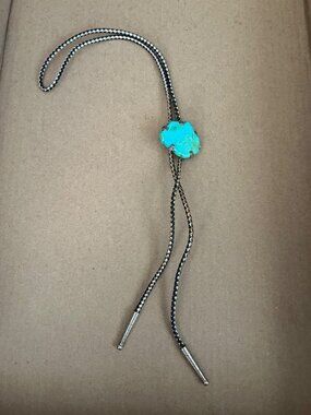 Turquoise Stone Bolo Tie With Braided Cord & Silver Tips